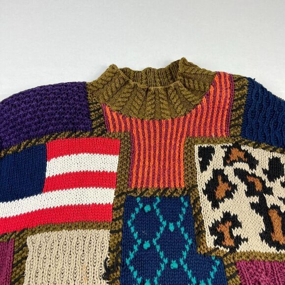 Outlander Patchwork Mock Neck Sweater Cable Knit Kitsch Vintage Size MEDIUM FLAW - Picture 3 of 10